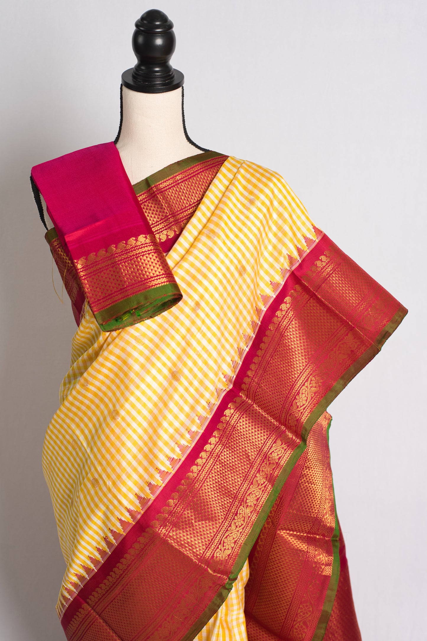 Silk Mark Certified Micro Checks Yellow Kanji Gadwal Silk Saree