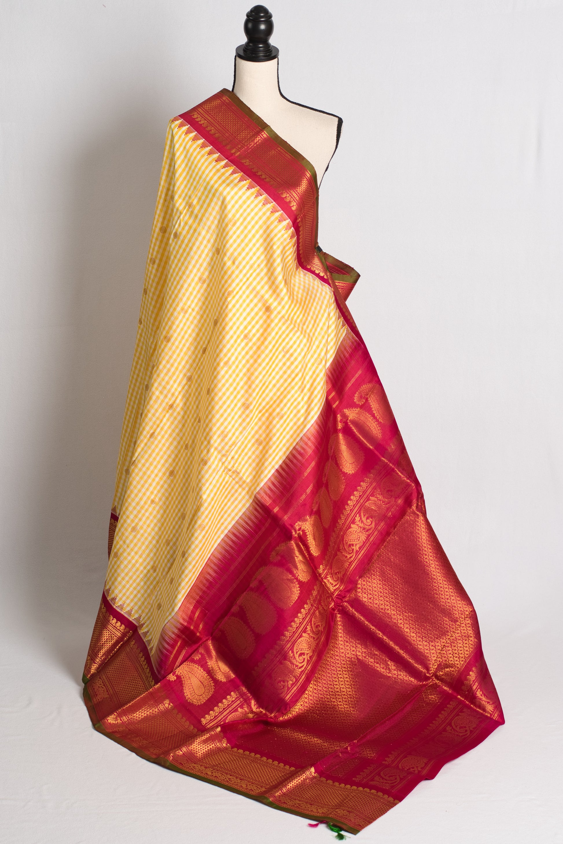 Silk Mark Certified Micro Checks Yellow Kanji Gadwal Silk Saree