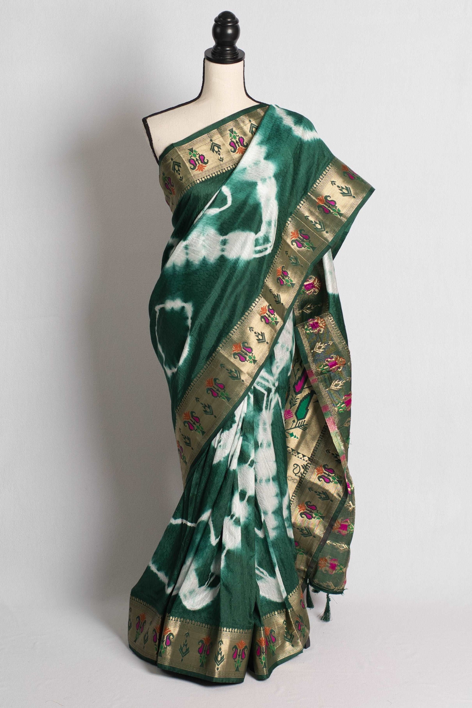 Green Shibori Banarasi Saree with Paithani Pallu