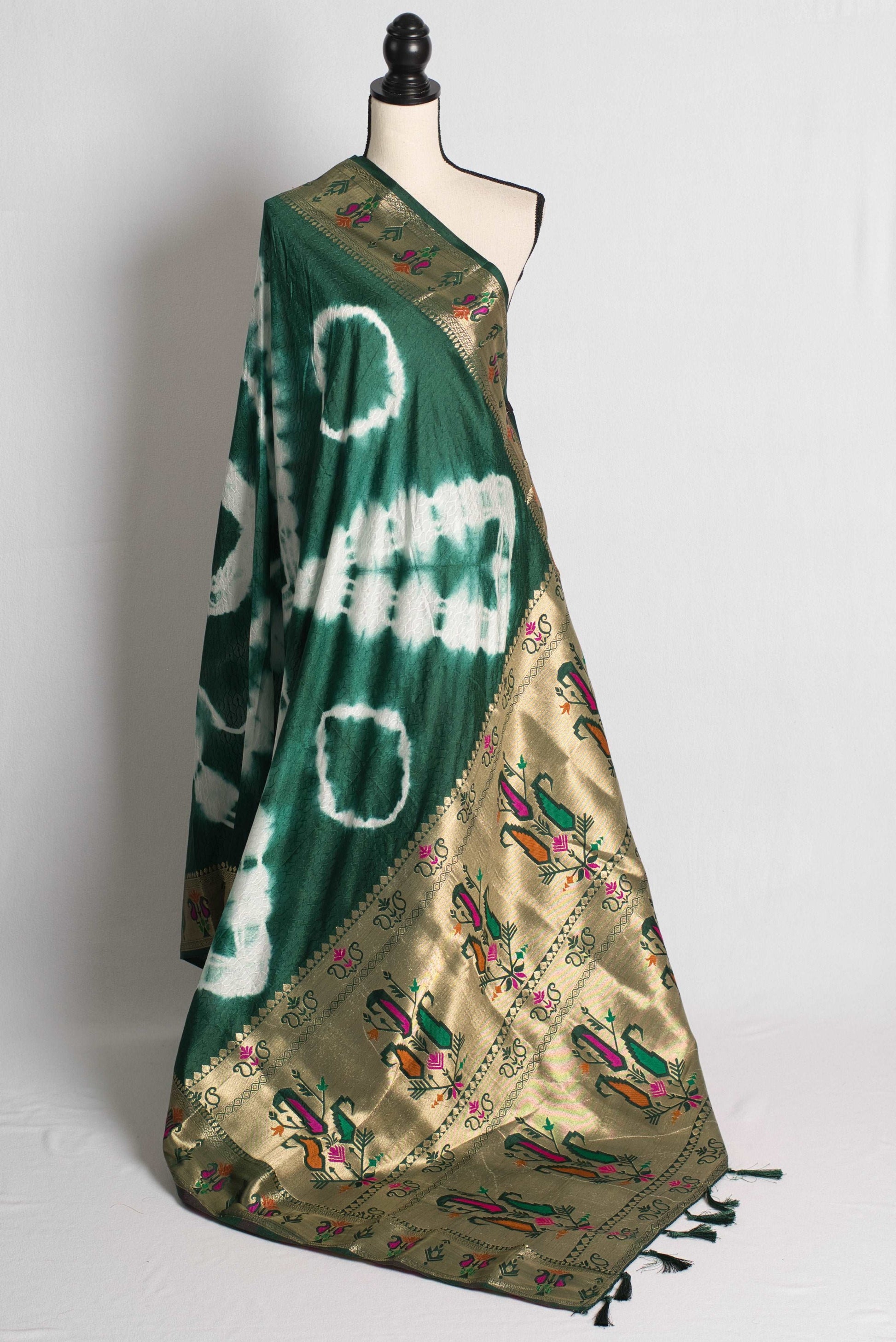 Green Shibori Banarasi Saree with Paithani Pallu