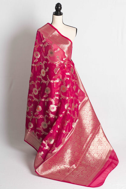 Semi Georgette Shaded Jaal Banarasi Saree in Dark Pink