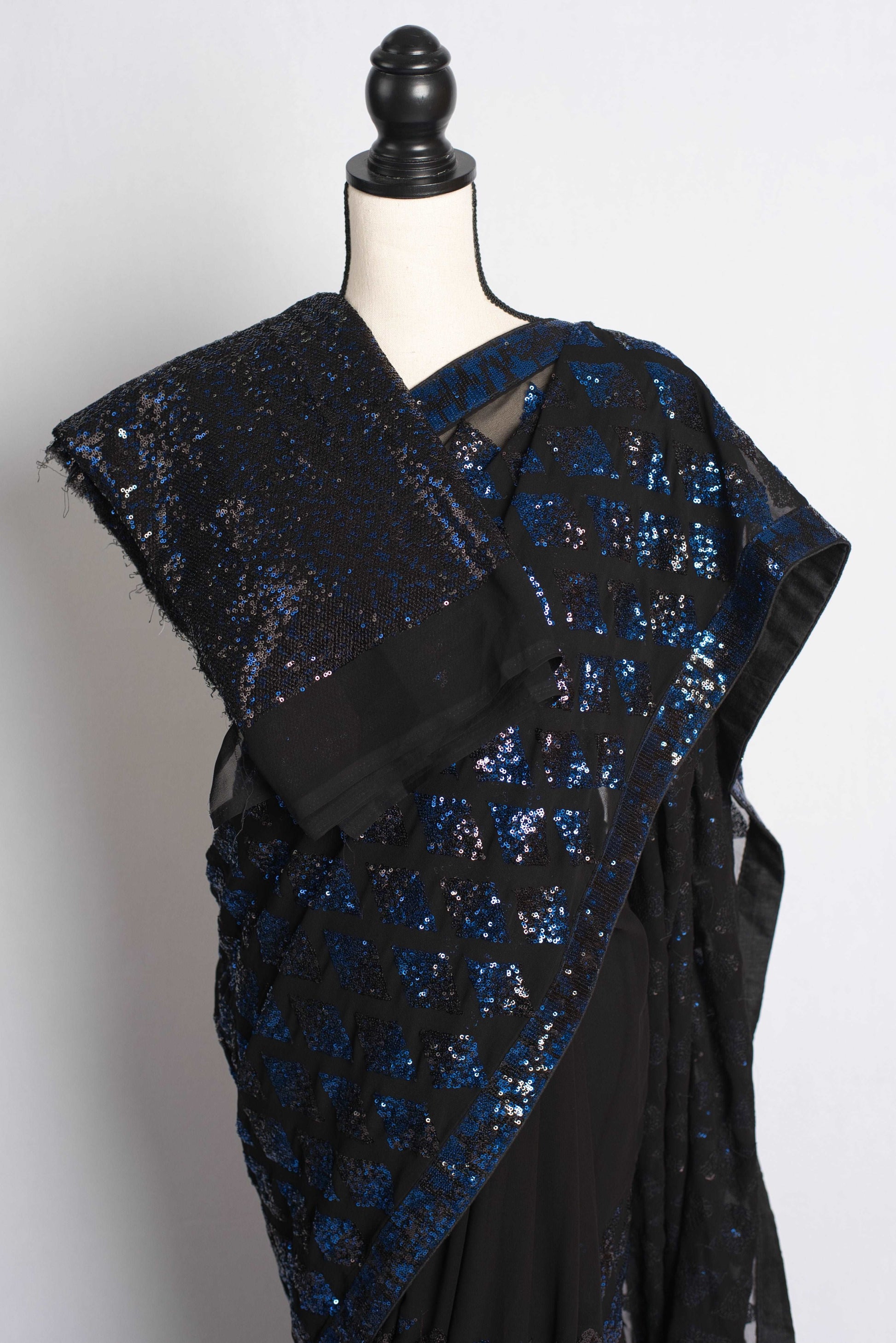 Partywear Georgette Sequin Saree in Black and Blue