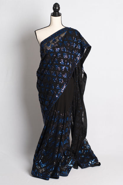 Partywear Georgette Sequin Saree in Black and Blue
