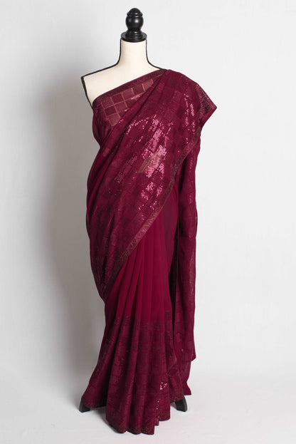 Partywear Sequin Georgette Saree in Wine Color