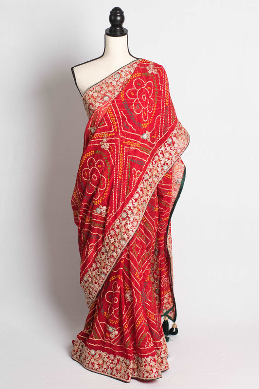 Embroidery Work Bandhani Chiffon Saree in Red and Gold