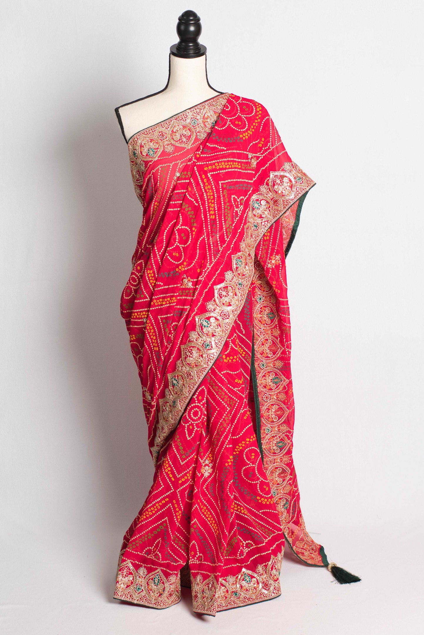 Embroidery Work Bandhani Chiffon Saree in Pink and Gold