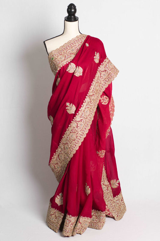 Embroidery Velvet Tissue Designer Saree in Dark Pink