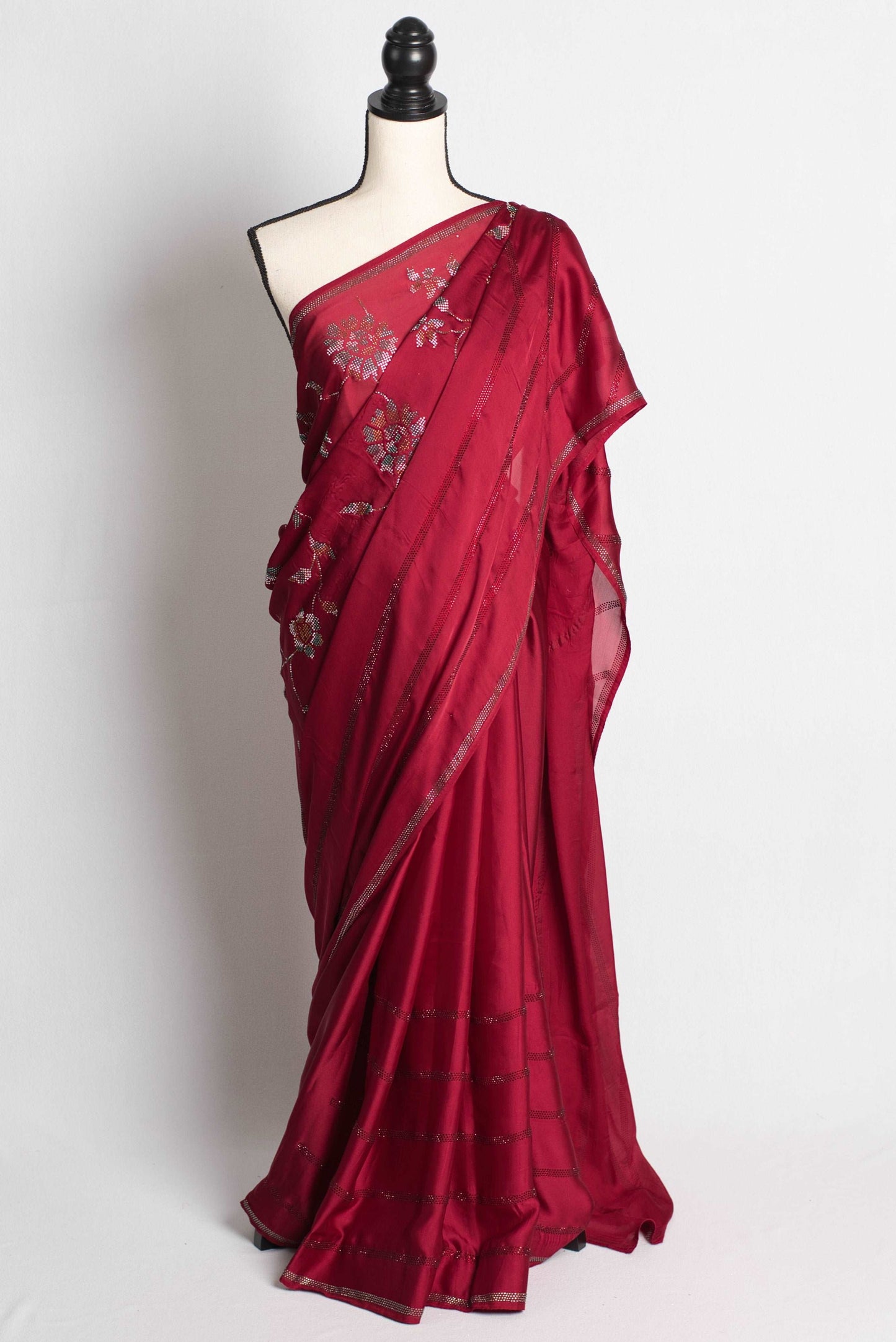 Crystal Work Designer Satin Saree in Wine Color