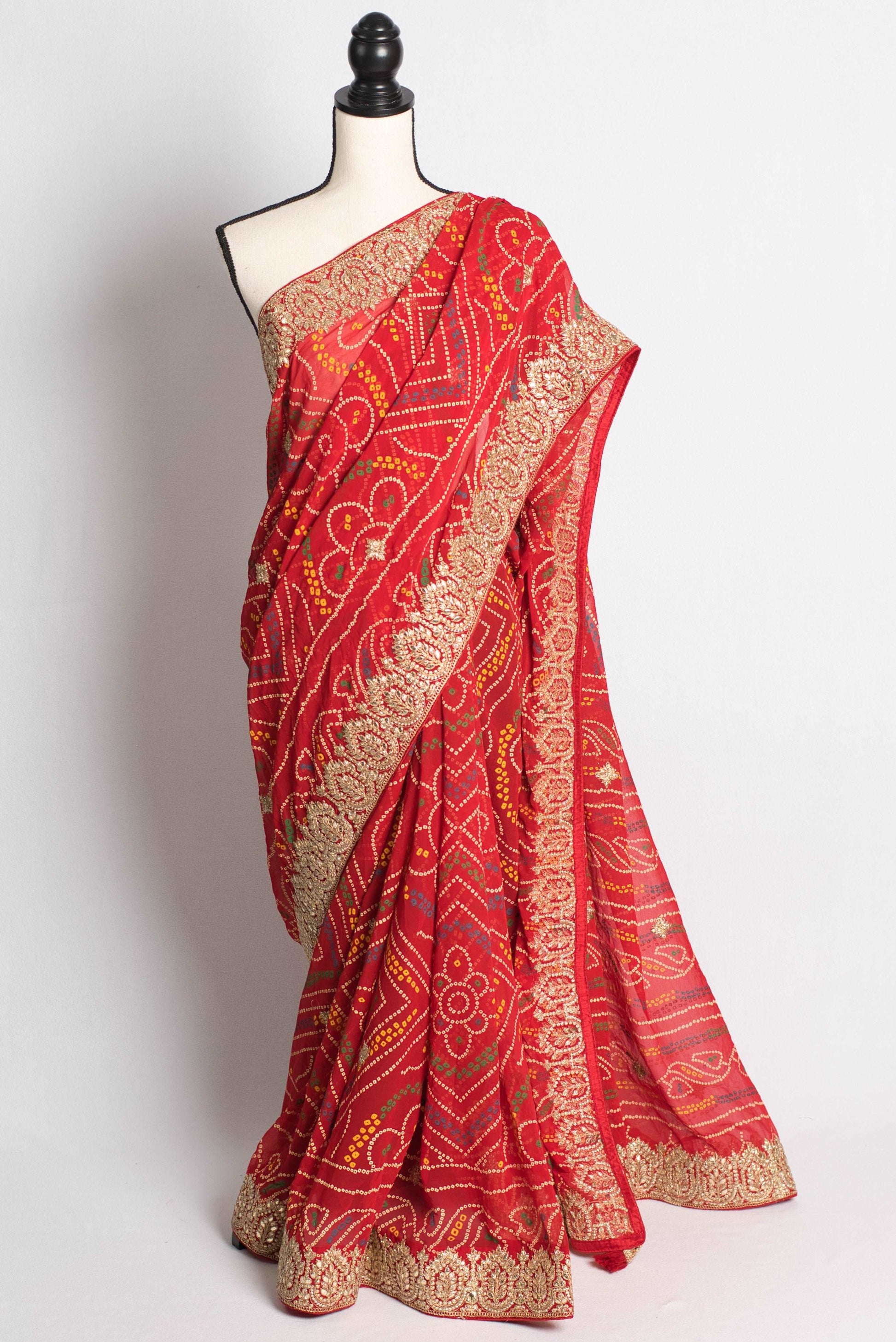 Embroidery Bandhani Chiffon Saree in Red and Gold