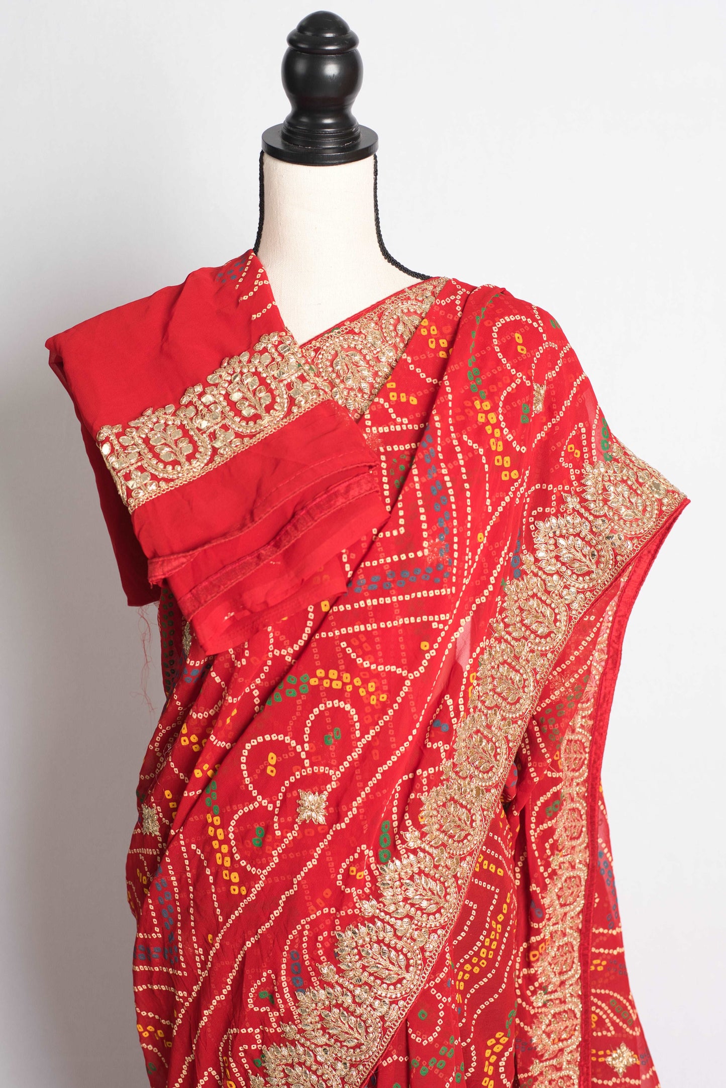 Embroidery Bandhani Chiffon Saree in Red and Gold