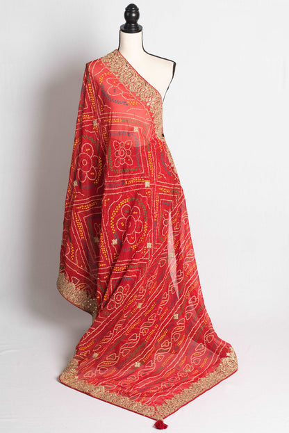 Embroidery Bandhani Chiffon Saree in Red and Gold