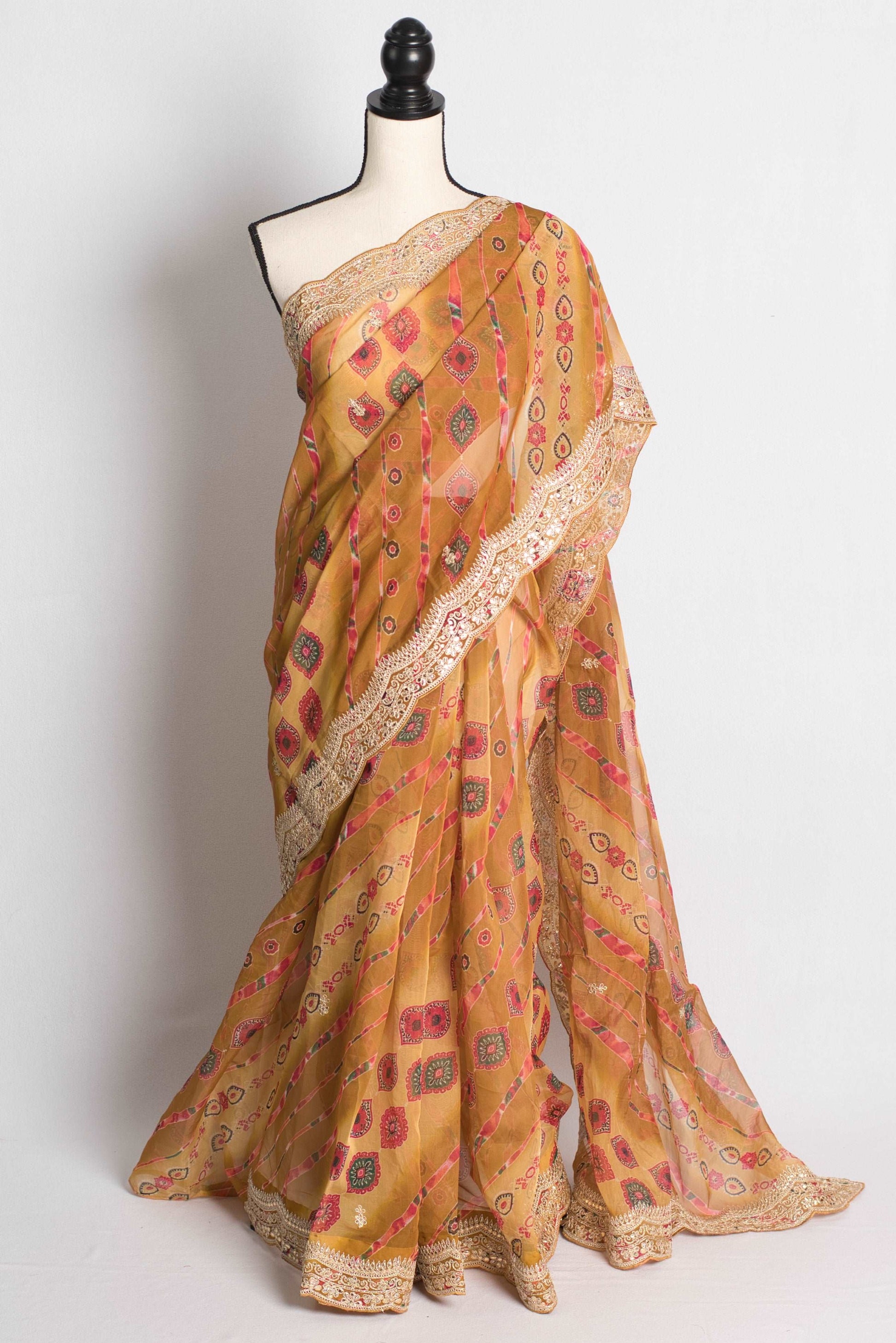 Semi Organza Bandhani Saree with Embroidery Border in Yellow