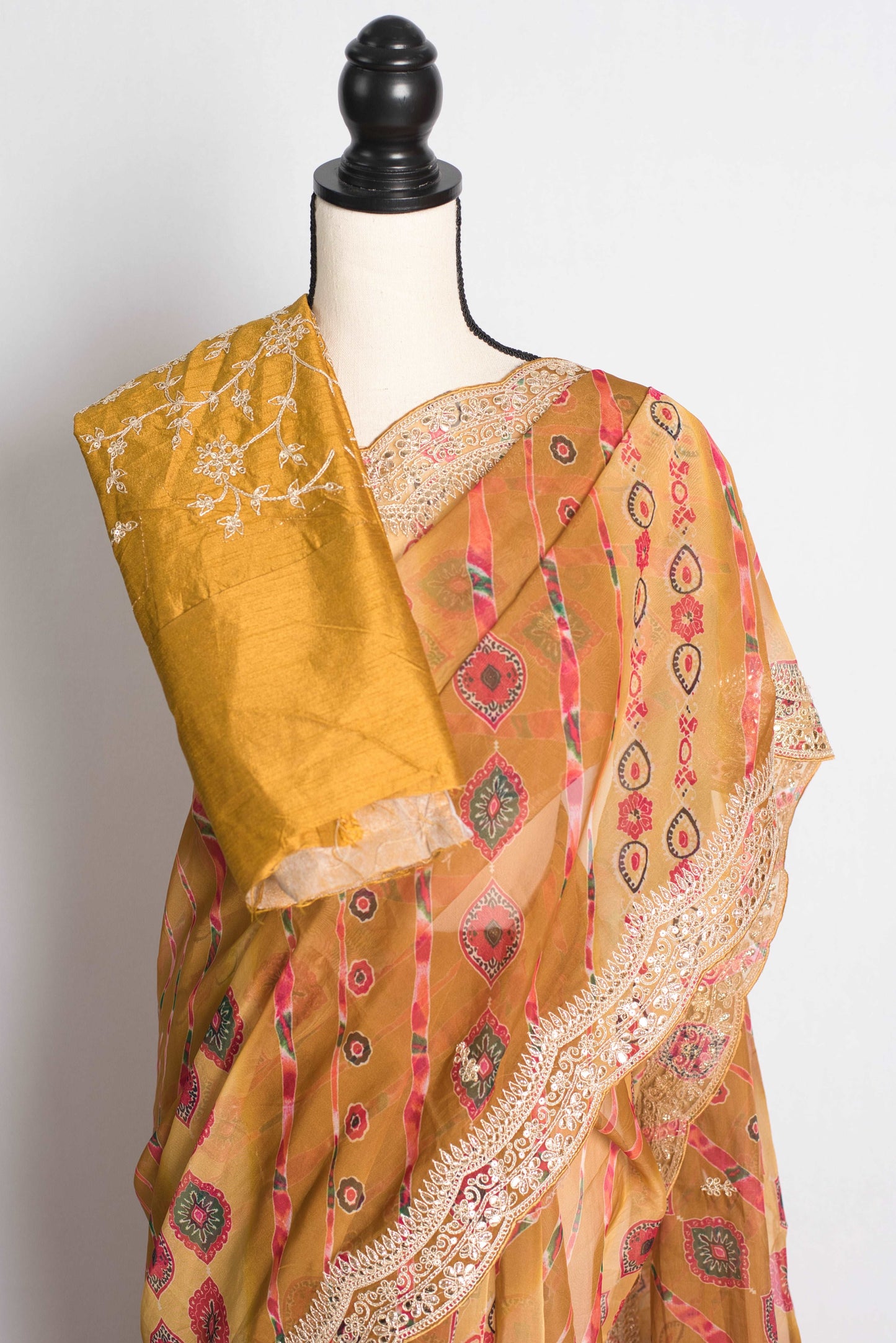 Semi Organza Bandhani Saree with Embroidery Border in Yellow