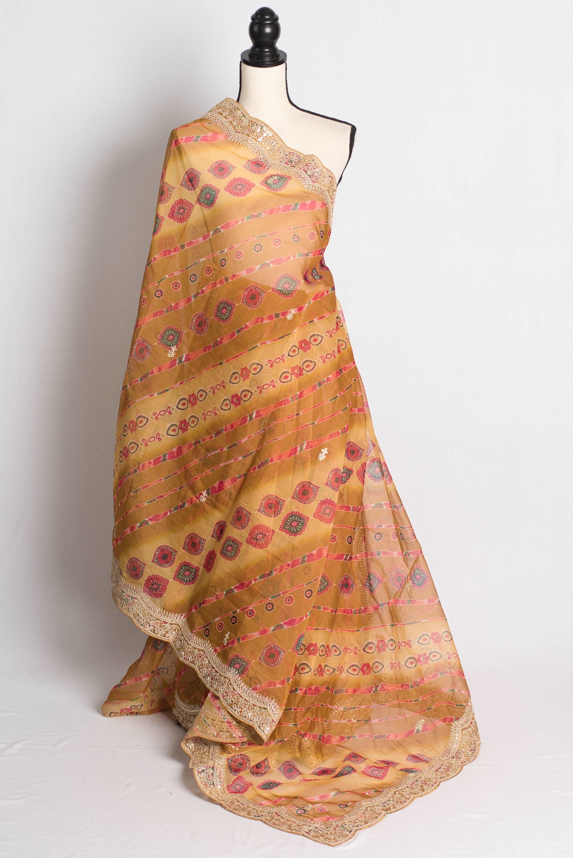 Semi Organza Bandhani Saree with Embroidery Border in Yellow