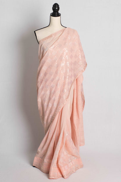 Partywear Sequin Georgette Saree in Light Peach