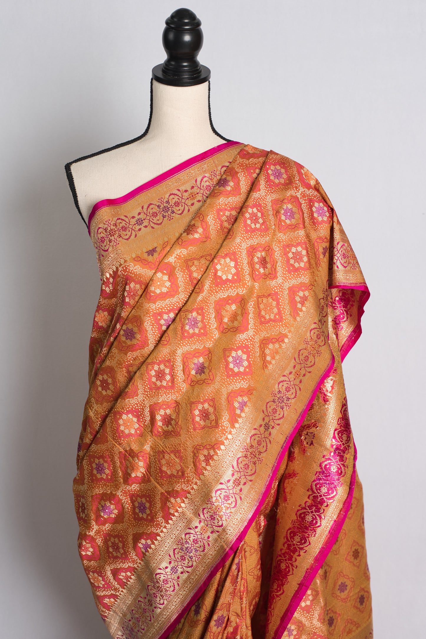 Silk Mark Certified Jangla Banarasi Saree in Coral Orange