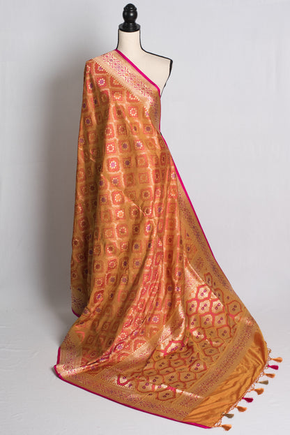 Silk Mark Certified Jangla Banarasi Saree in Coral Orange