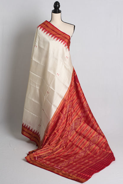 Silk Mark Certified Odisha Sambalpuri Saree in Off White and Red