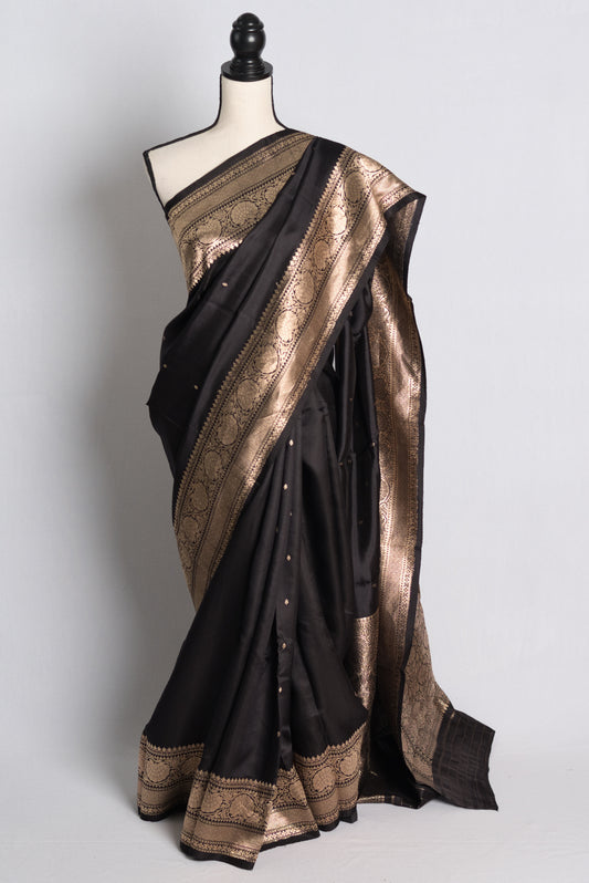 Silk Mark Certified Mashru Banarasi Silk Saree in Black and Gold