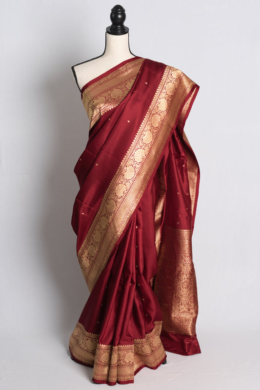 Silk Mark Certified Mashru Banarasi Silk Saree in Maroon and Gold