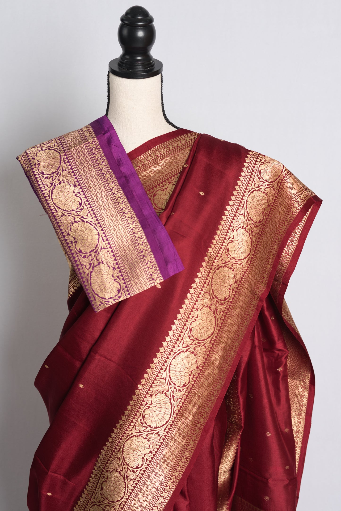 Silk Mark Certified Mashru Banarasi Silk Saree in Maroon and Gold