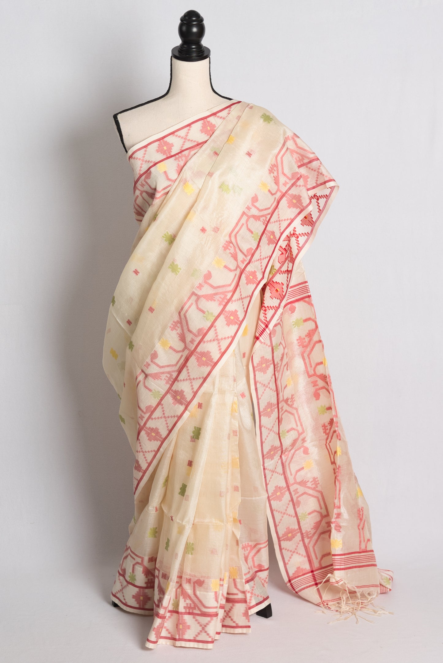 Silk Mark Certified Bengal Tussar Jamdani Saree in Cream