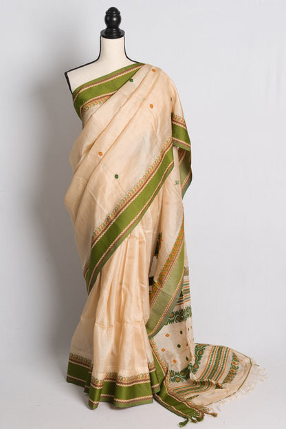 Silk Mark Certified Premium Quality Bengal Tussar Saree in Beige and Green