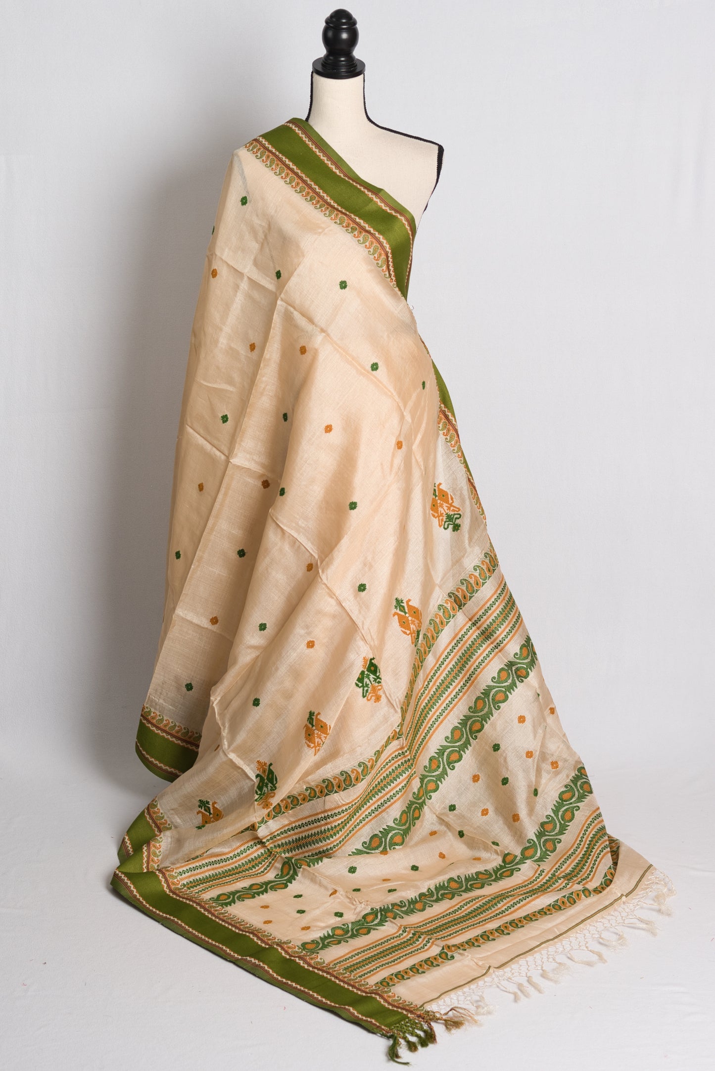 Silk Mark Certified Premium Quality Bengal Tussar Saree in Beige and Green