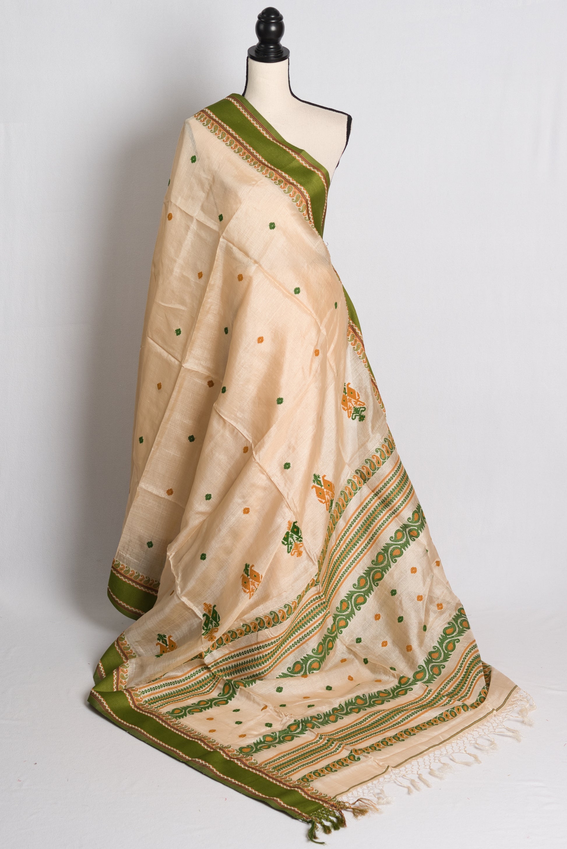 Silk Mark Certified Premium Quality Bengal Tussar Saree in Beige and Green