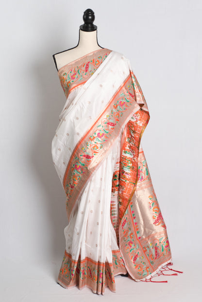 Blended Silk Paithani Saree in White and Orange.