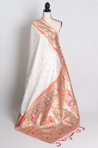 Blended Silk Paithani Saree in White and Orange.