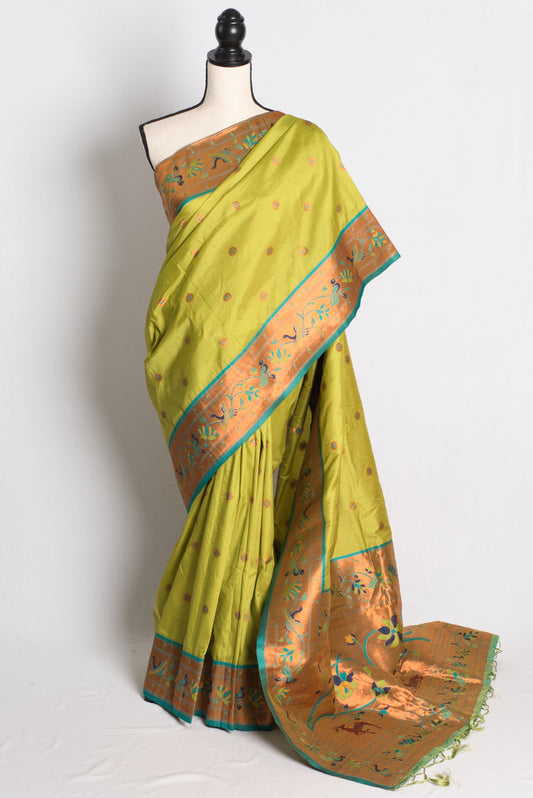 Blended Silk Paithani Saree in Green and Gold.