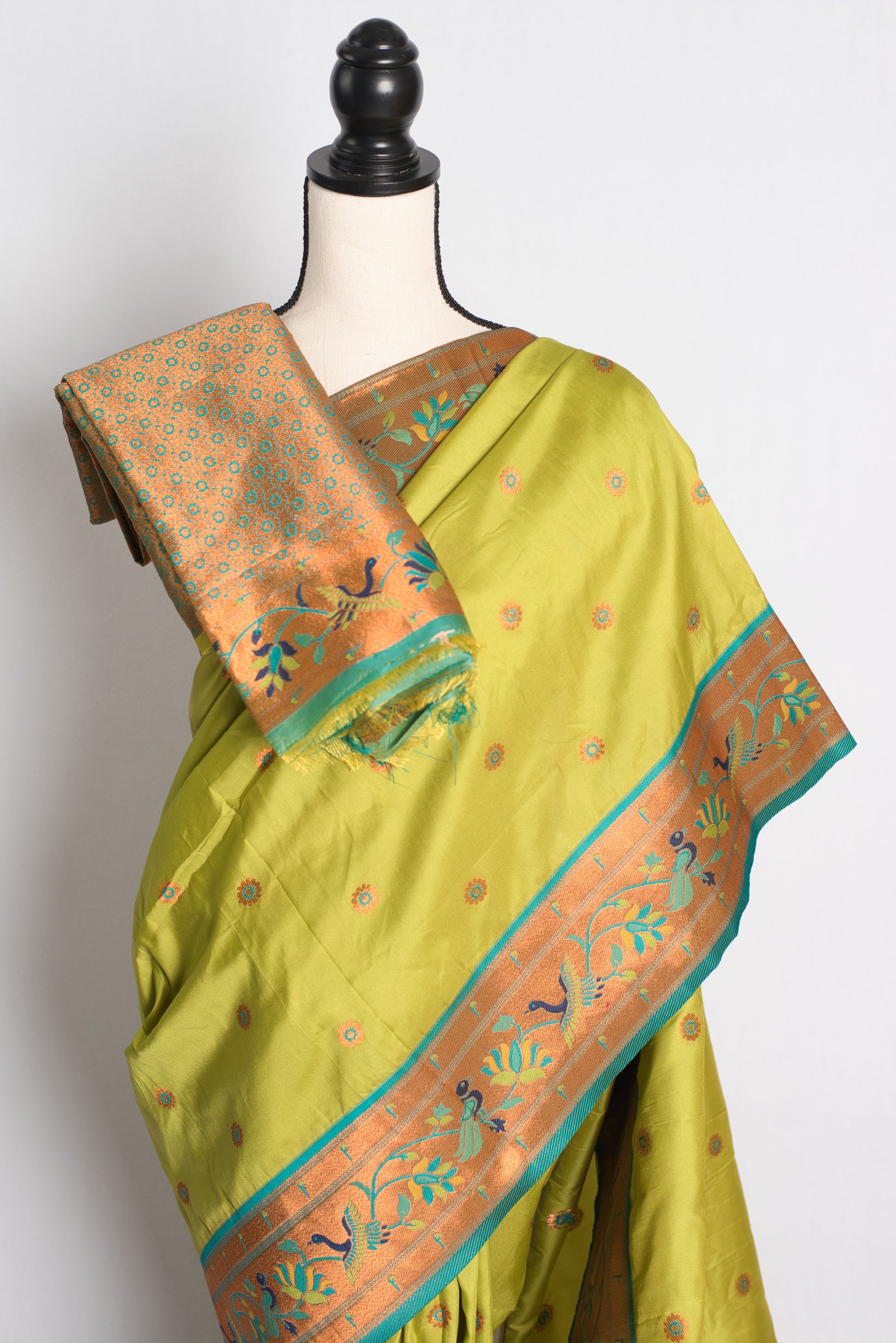 Blended Silk Paithani Saree in Green and Gold.