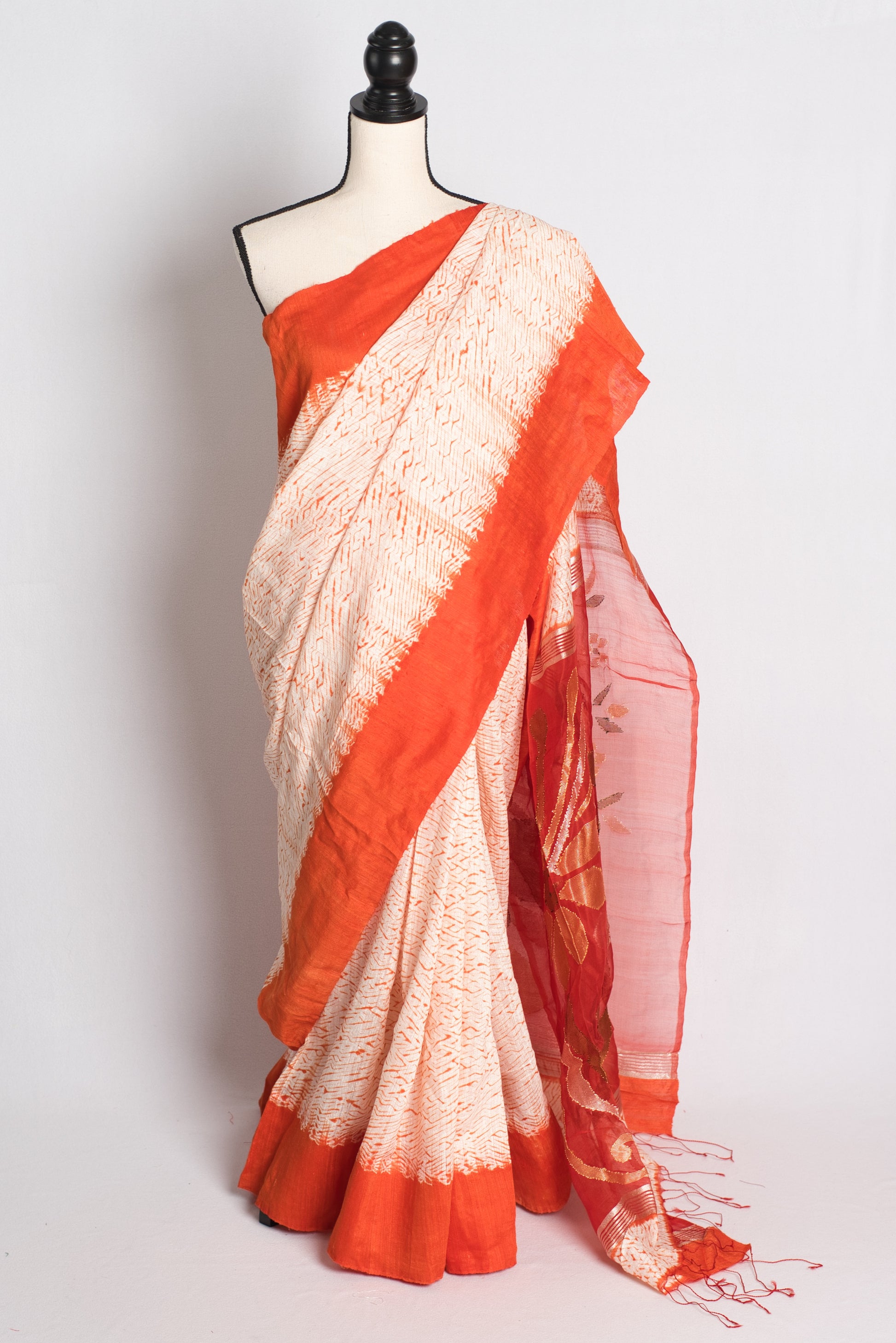 Shibori Matka Silk Saree with Resham Jamdani Pallu in Orange.