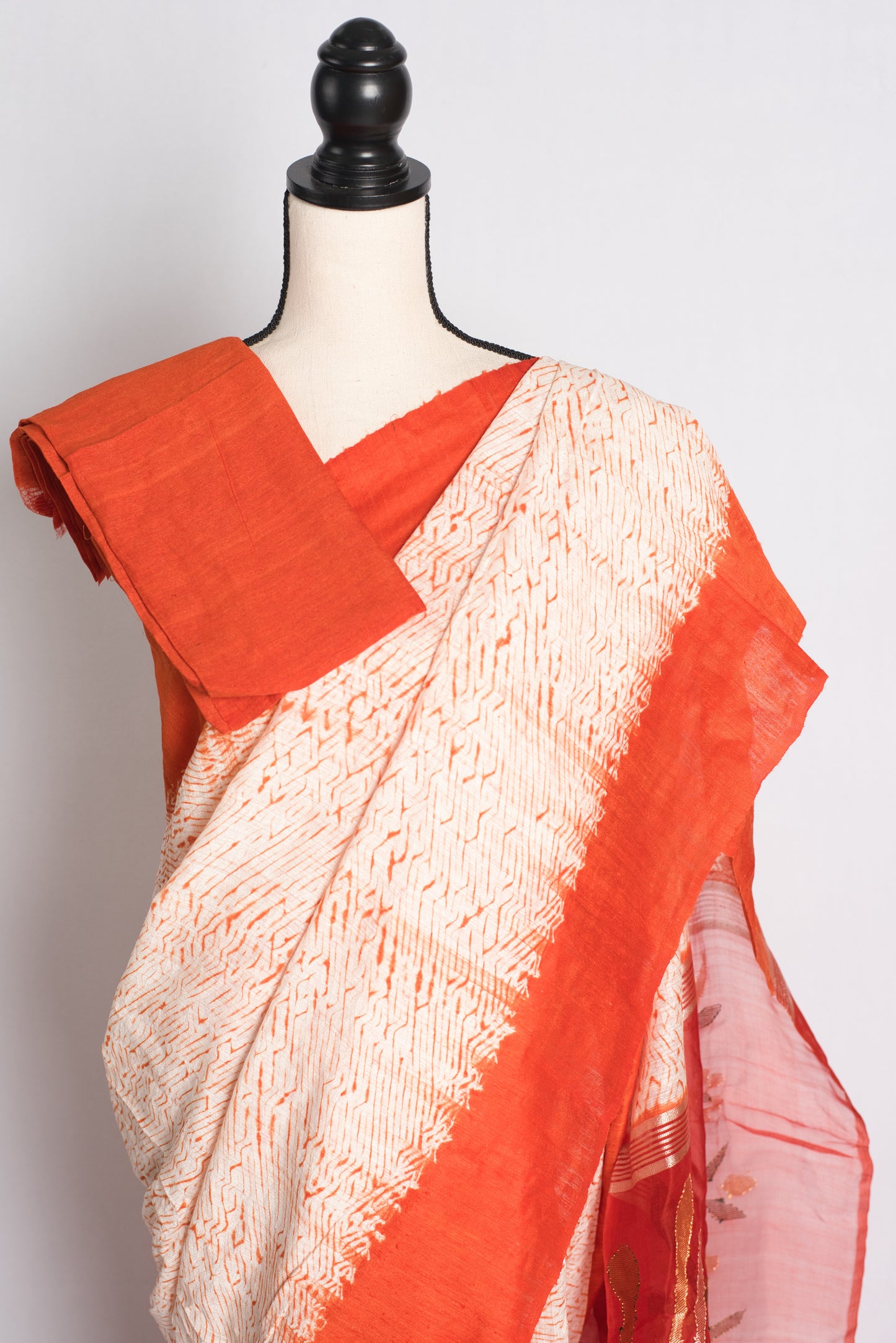 Shibori Matka Silk Saree with Resham Jamdani Pallu in Orange.