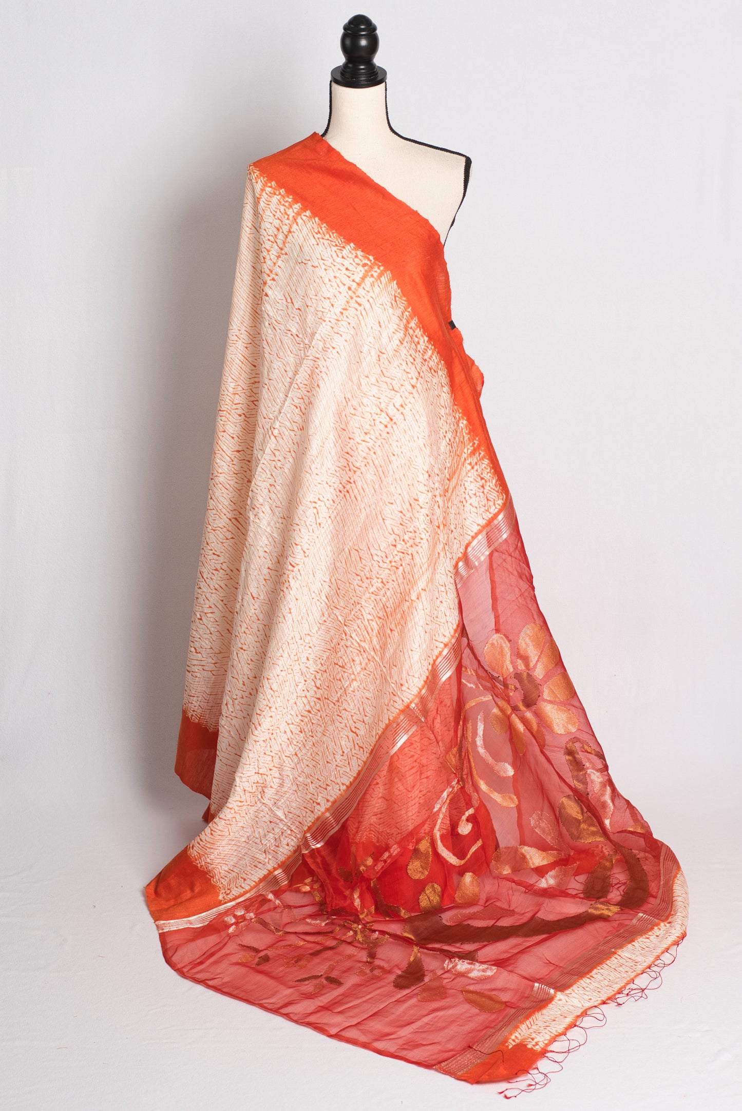 Shibori Matka Silk Saree with Resham Jamdani Pallu in Orange.