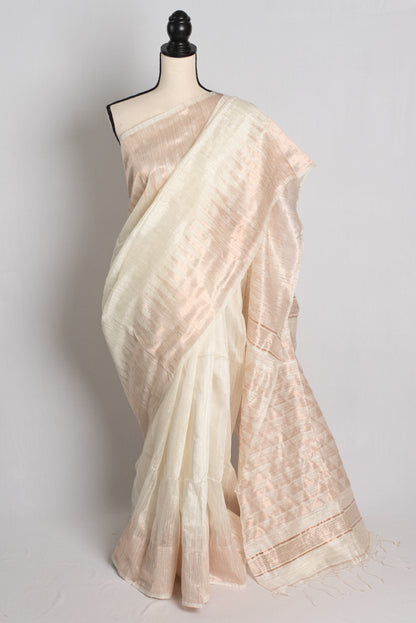 Pure Matka Silk Saree in Cream with Temple Border in Copper Golden Zari.