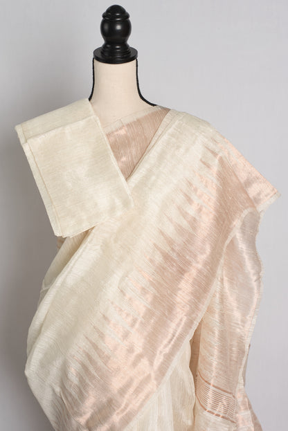 Pure Matka Silk Saree in Cream with Temple Border in Copper Golden Zari.