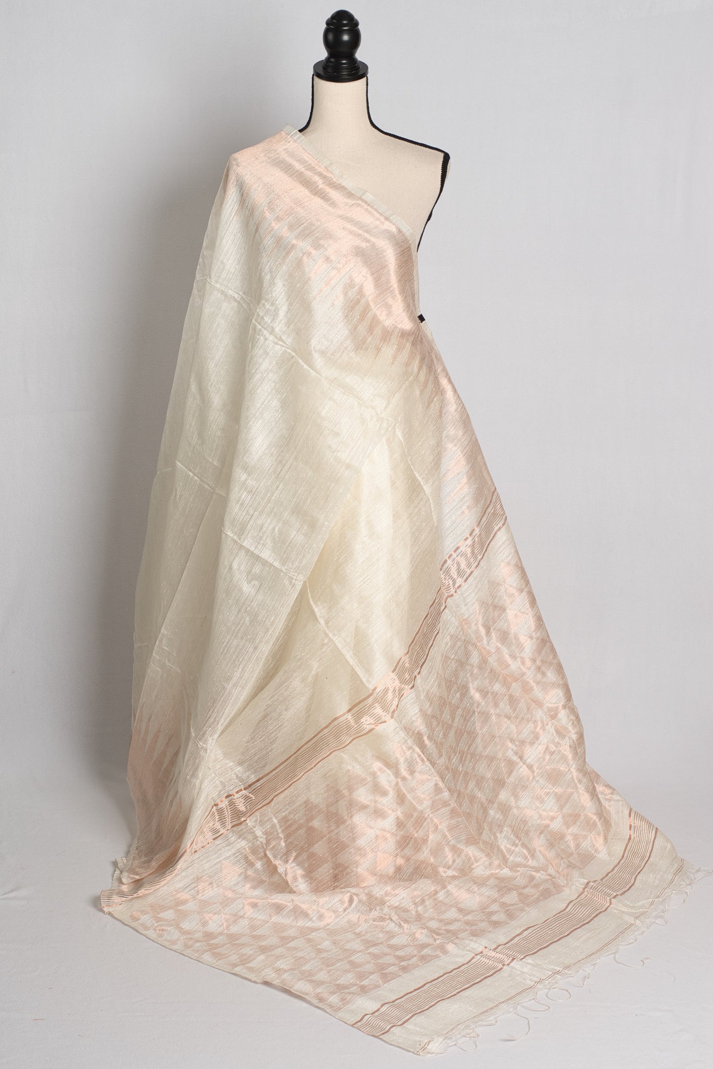 Pure Matka Silk Saree in Cream with Temple Border in Copper Golden Zari.