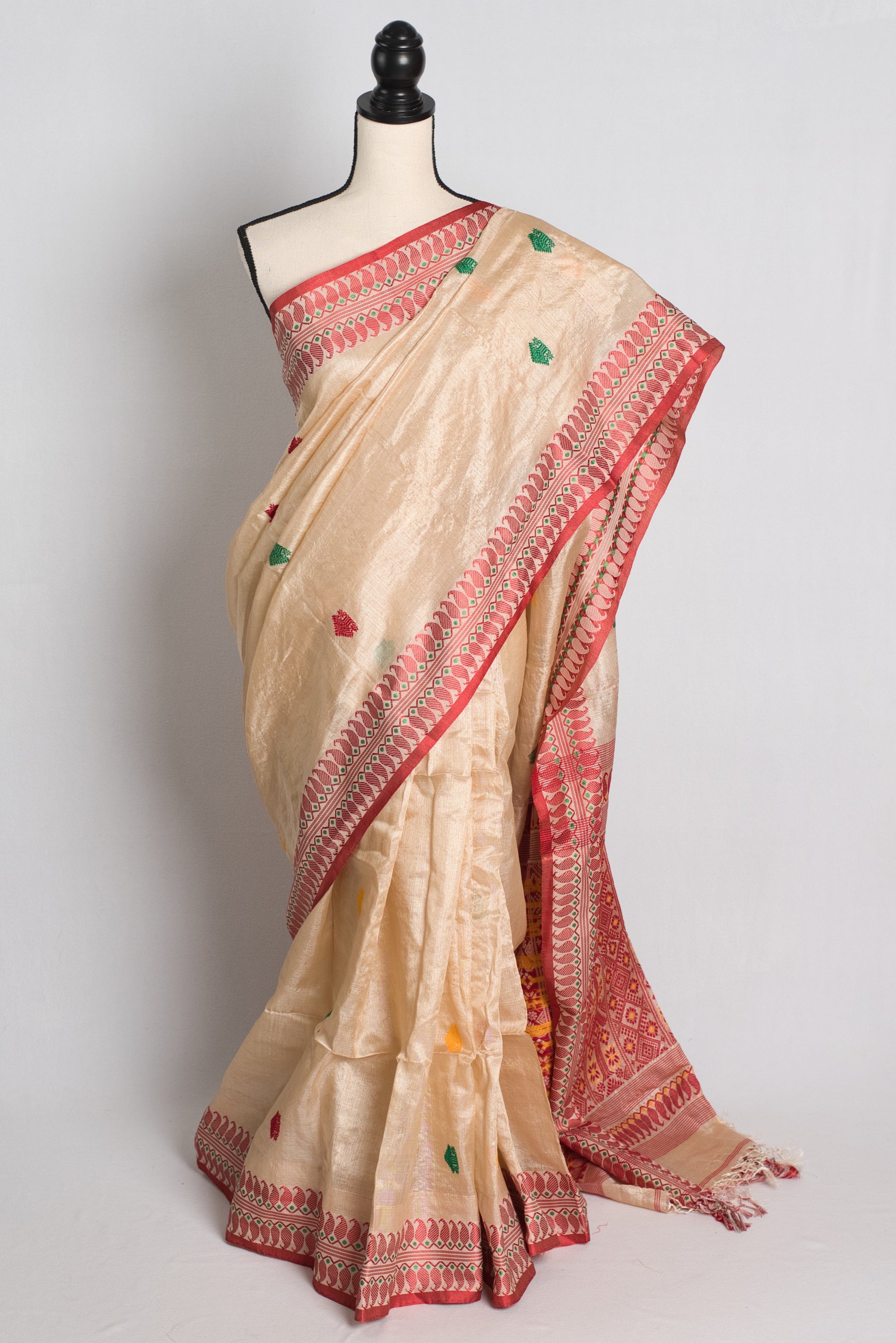 Silk Mark Certified Bengal Tussar Silk Saree in Beige and Red.