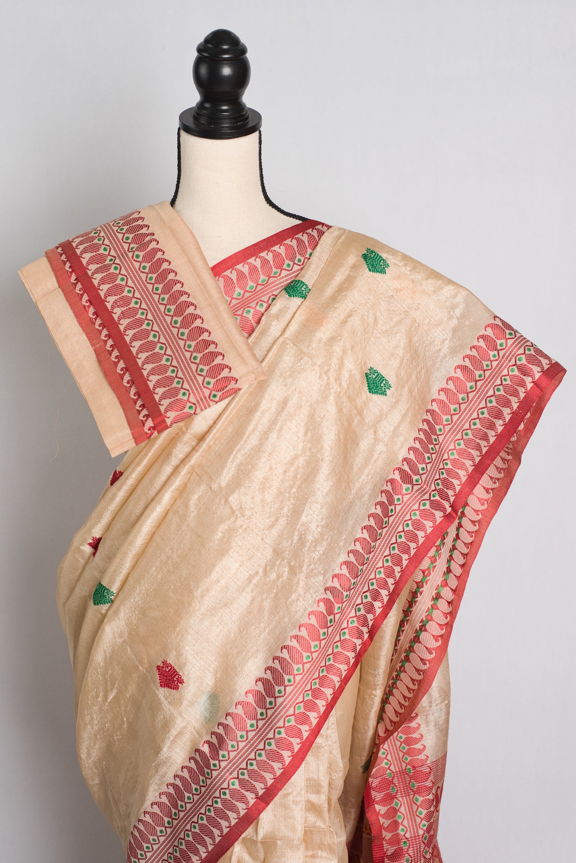 Silk Mark Certified Bengal Tussar Silk Saree in Beige and Red.