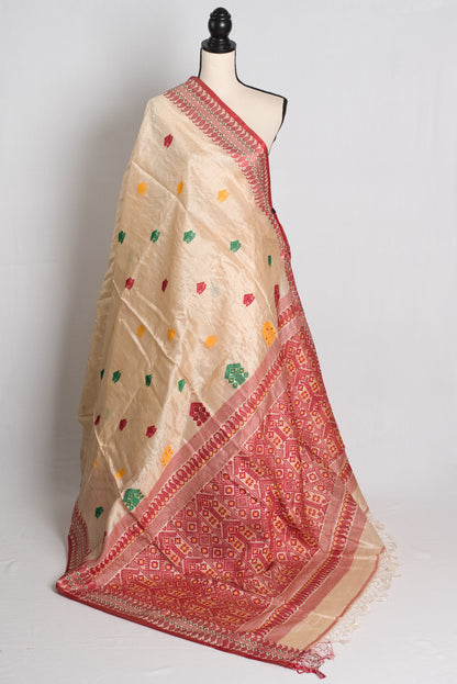 Silk Mark Certified Bengal Tussar Silk Saree in Beige and Red.