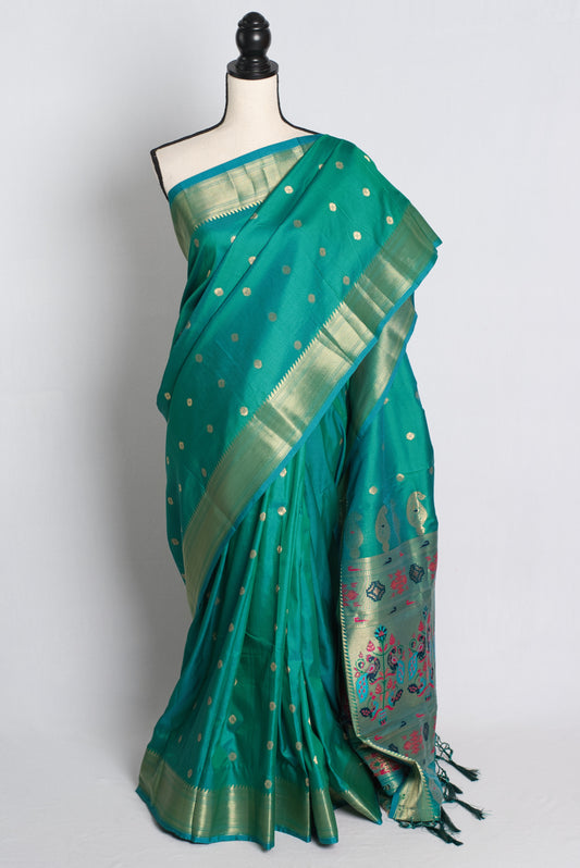 Blended Silk Paithani Saree in Rama Green and Gold.