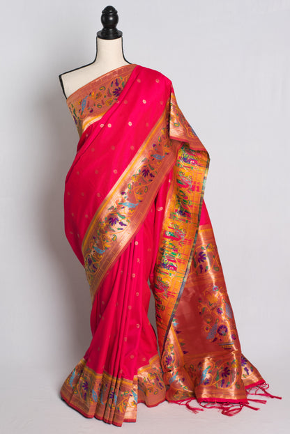 Blended Silk Rani Pink Paithani Saree with 36 Size Stitched Blouse.