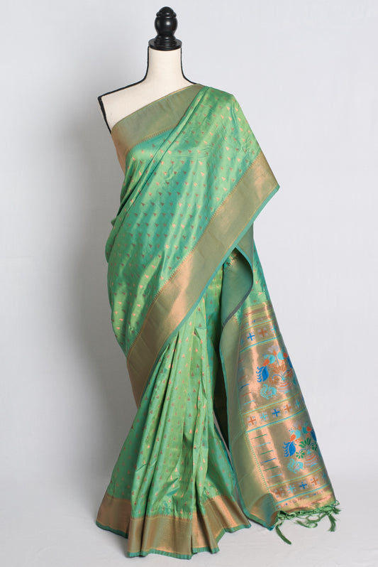 Blended Silk Paithani Saree in Sea Green and Gold.