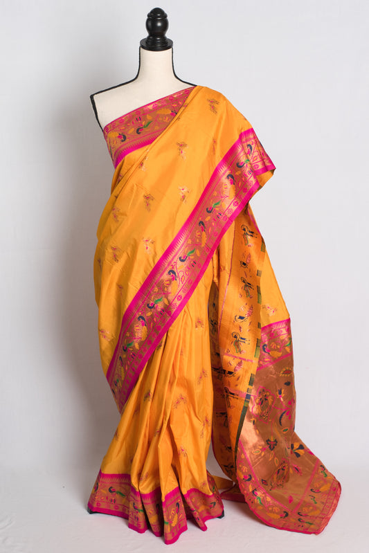 Blended Silk Paithani Saree with 44 Size Blouse in Turmeric Yellow.