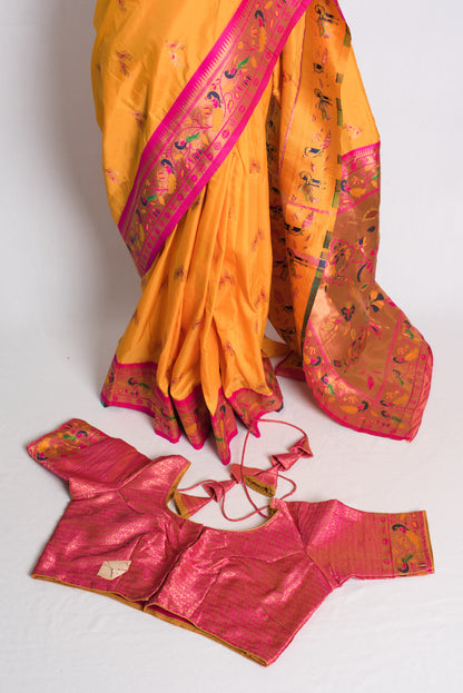 Blended Silk Paithani Saree with 44 Size Blouse in Turmeric Yellow.