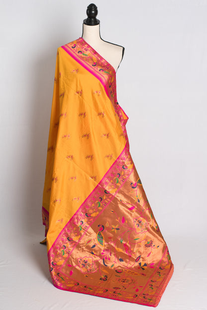 Blended Silk Paithani Saree with 44 Size Blouse in Turmeric Yellow.