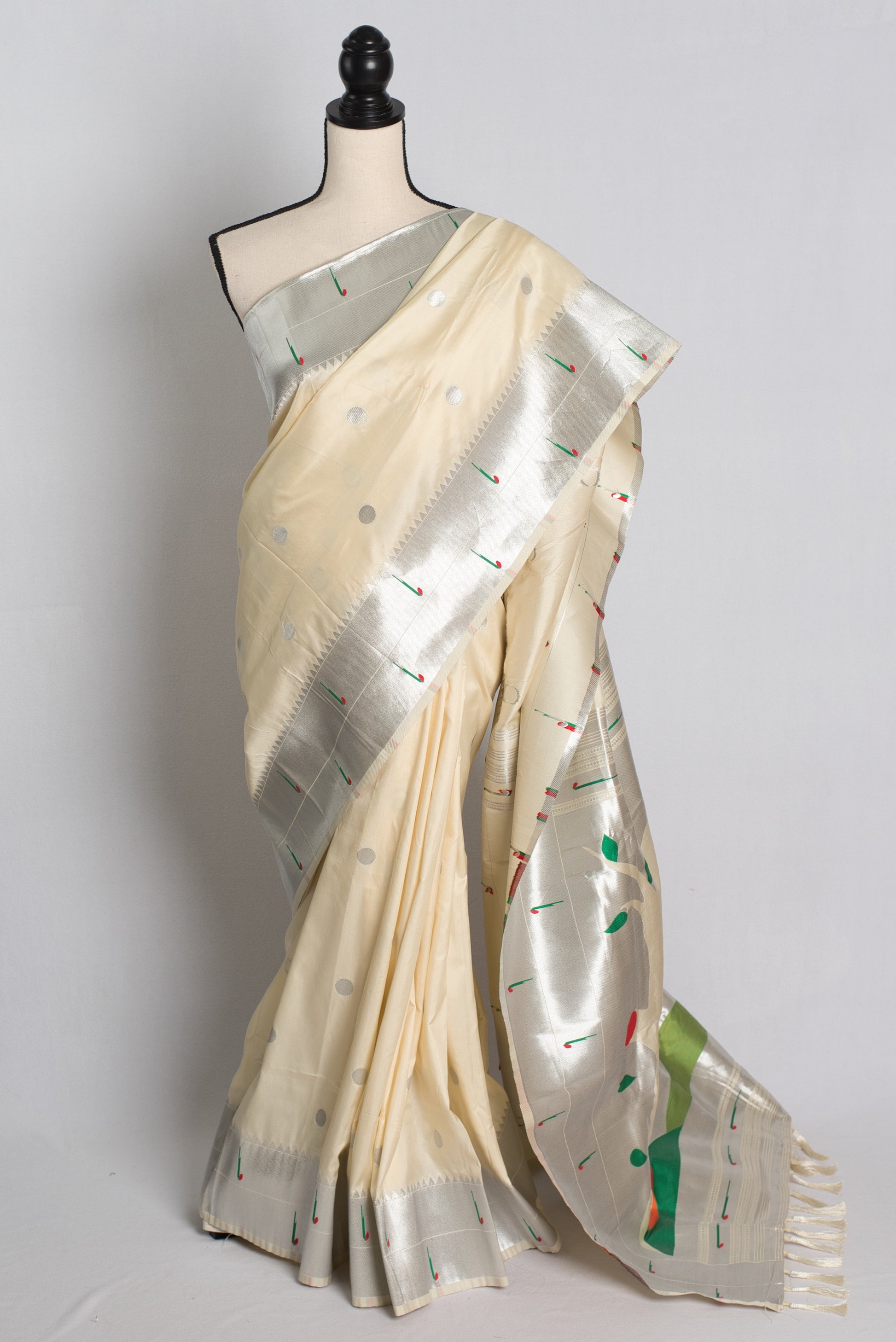 Cream and Silver Paithani Saree with Radha Krishna Pallu.