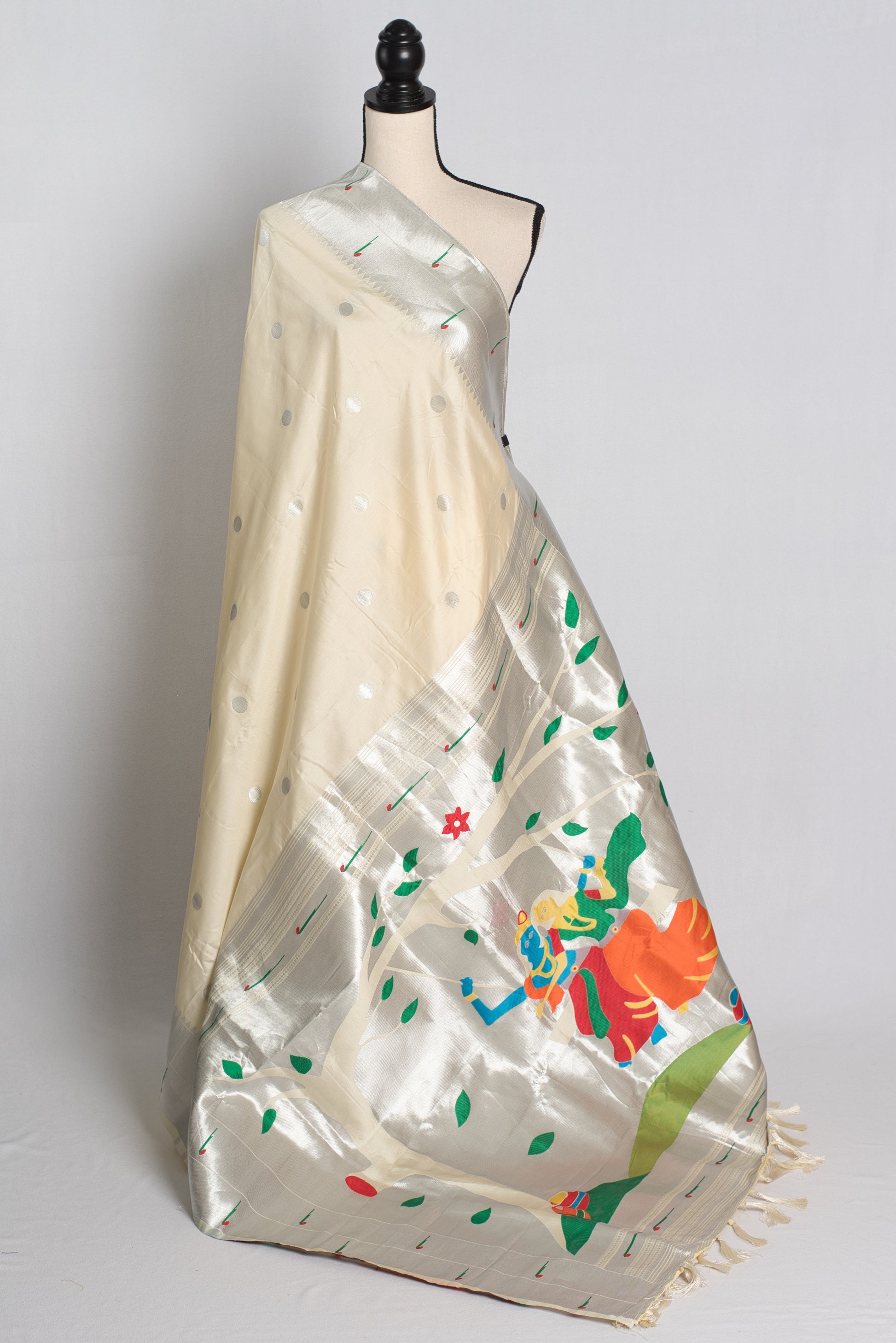 Cream and Silver Paithani Saree with Radha Krishna Pallu.